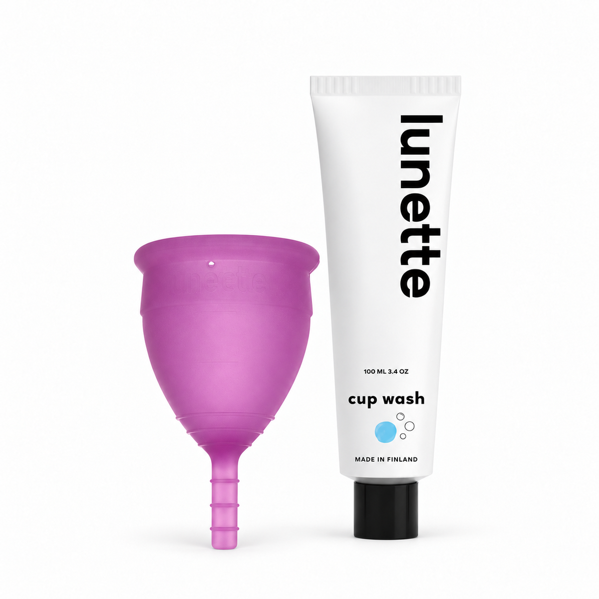 Purple Lunette menstrual cup and cup wash tube, starter pack