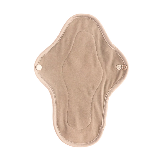 Beige reusable cloth period pad with snap buttons and curved design