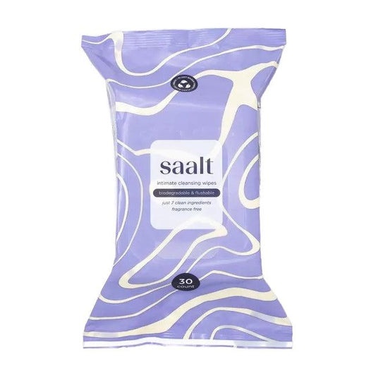 Saalt intimate cleansing wipes 30-count blue swirled pouch with logo on front