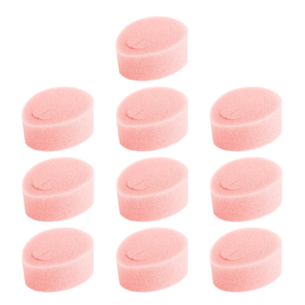 Pink foam menstrual sponges, round shapes arranged in a 10-pack