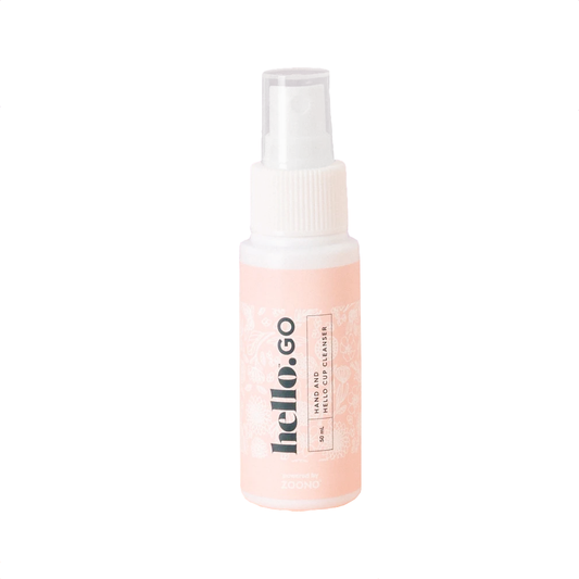 Menstrual cup cleaner bottle with pump sprayer, clear cap, pastel pink label