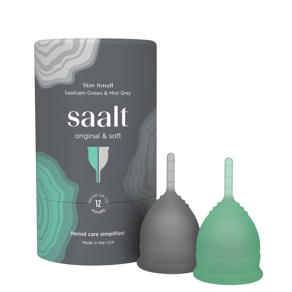 
            
                Load image into Gallery viewer, SAALT Menstrual Cup Twin Pack - Small Seafoam Green &amp;amp; Mist Grey
            
        